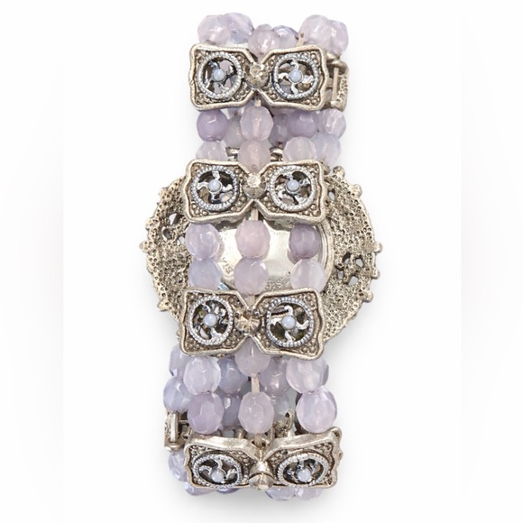 Vintage-Inspired Lavender Beaded Bracelet Watch with Amber Crystals - Picture 2 of 3